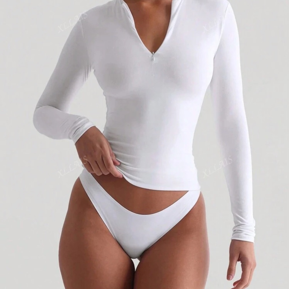 SHEIN White Polo Collar Fitted Bodysuit